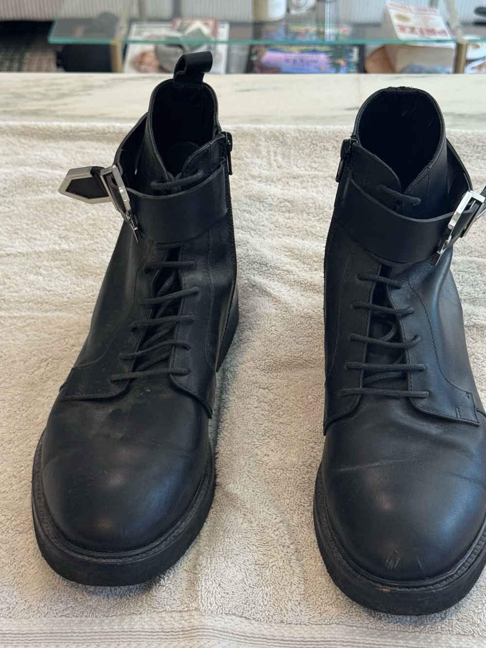 Versus Versace Black Leather Lace-Up Ankle Boots with Buckle